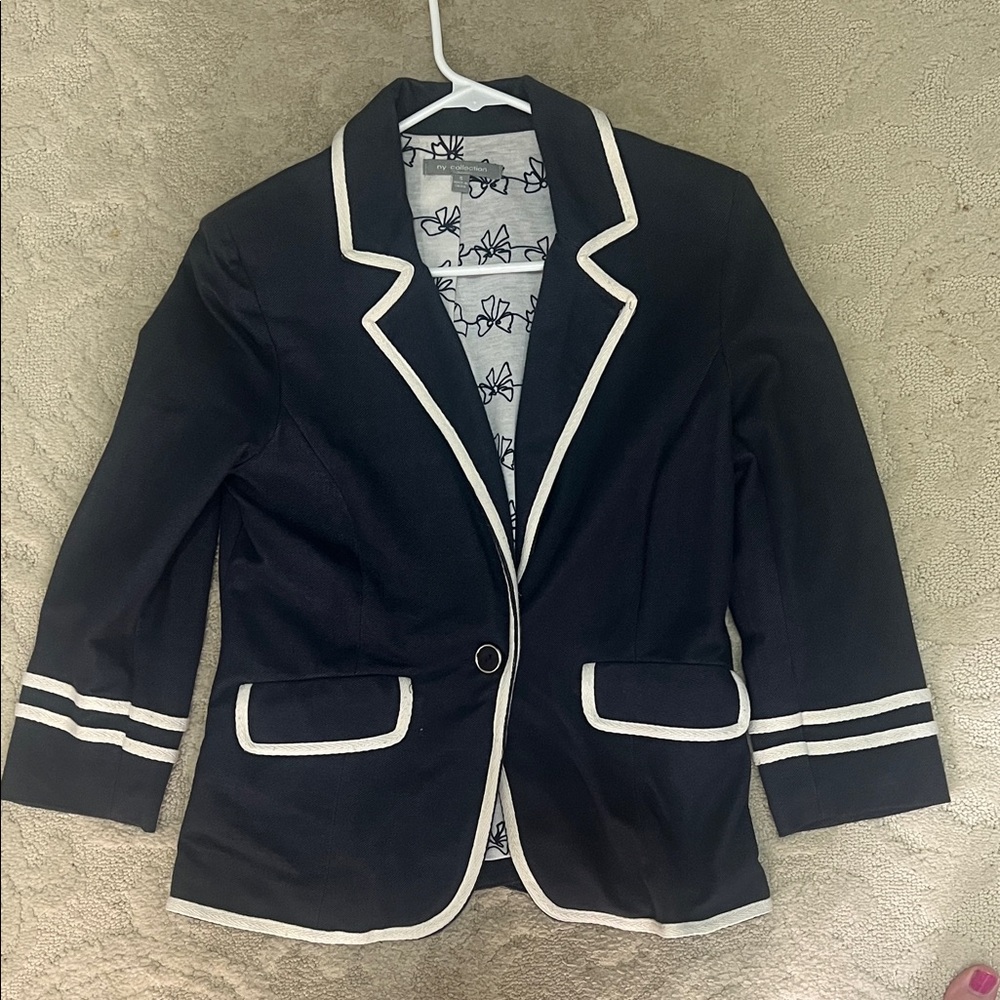 NY Collection Women's Navy Blazer with White Trim - Classic Tailored Jacket